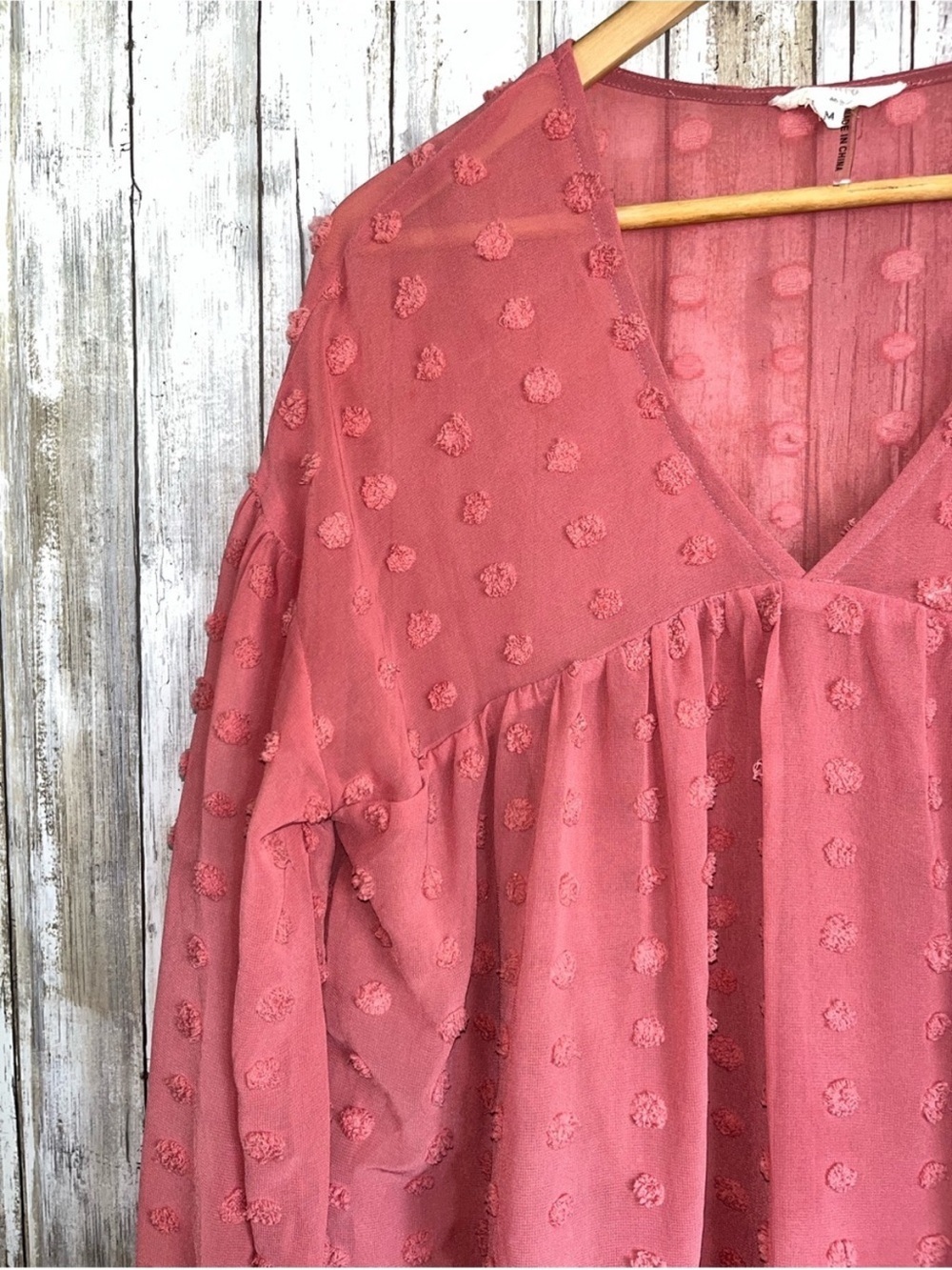 Entro Swiss Dot Blouse Medium Coral Pink Boho Babydoll Sheer Top - Picture 2 of 5